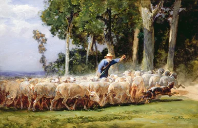 Een herder met een kudde schapen